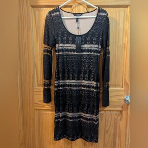 BCBGMaxAzria Elegant Black Lace Over Nude Dress